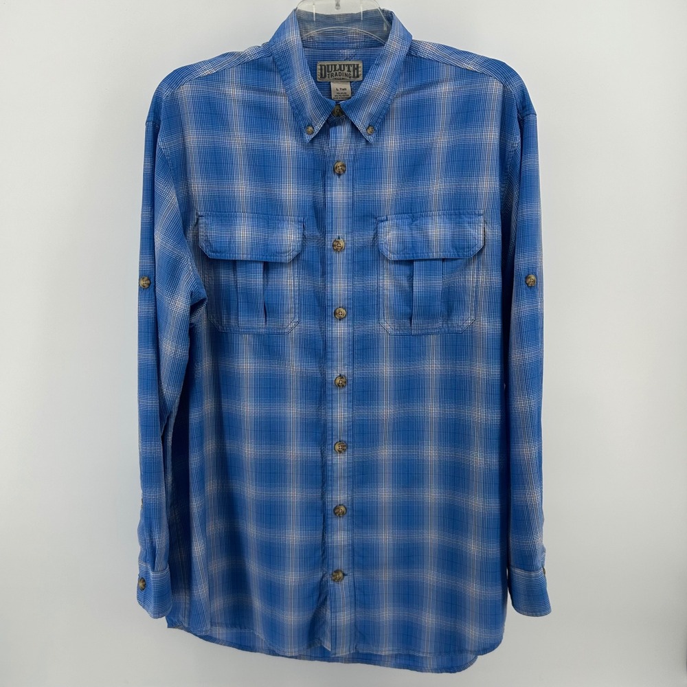 Duluth Trading Co Performance Nylon Plaid Button Down Mens L Tall Blue Hiking